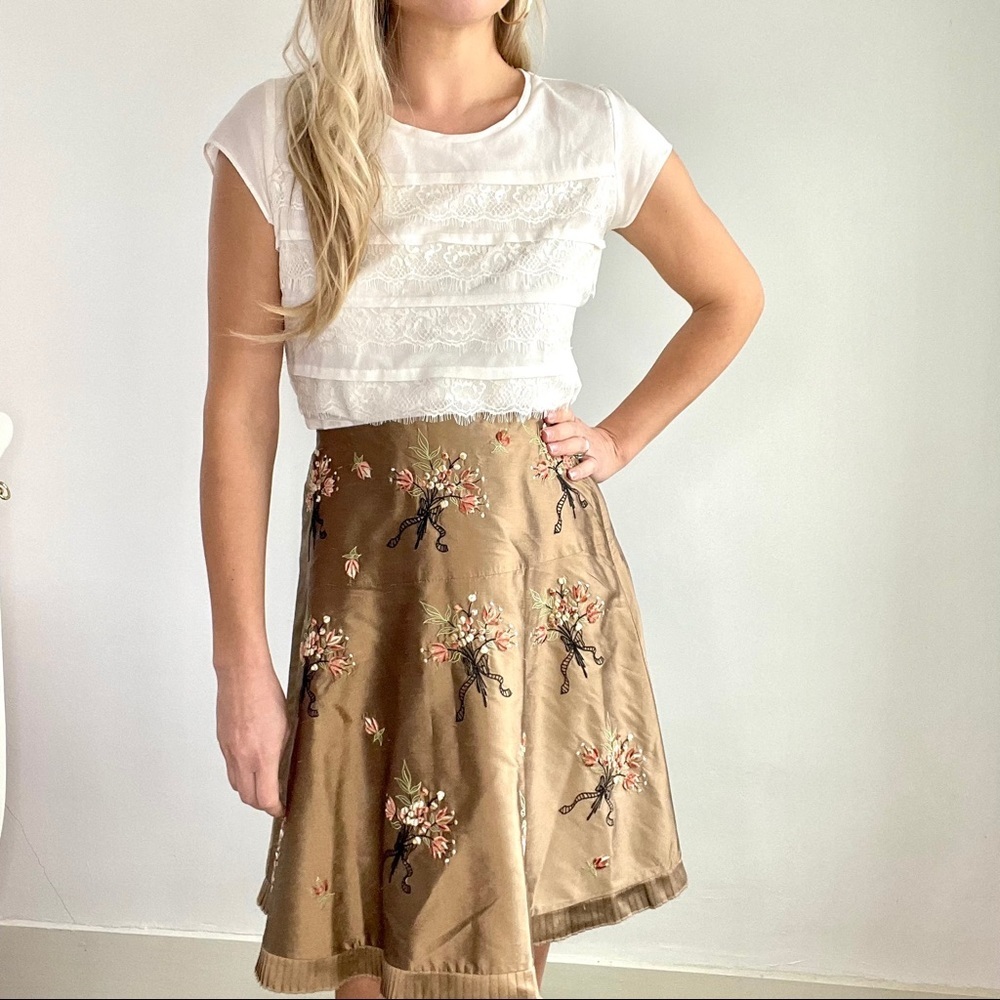 Intuitians Brown Embroidered Silk Skirt w/Pleats 6